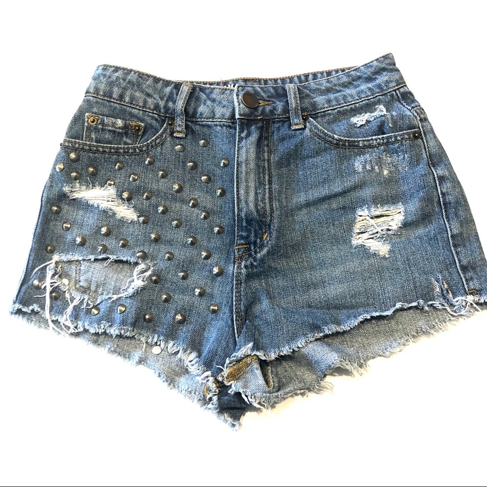 BDG High Rise Distressed Denim Studded Shorts